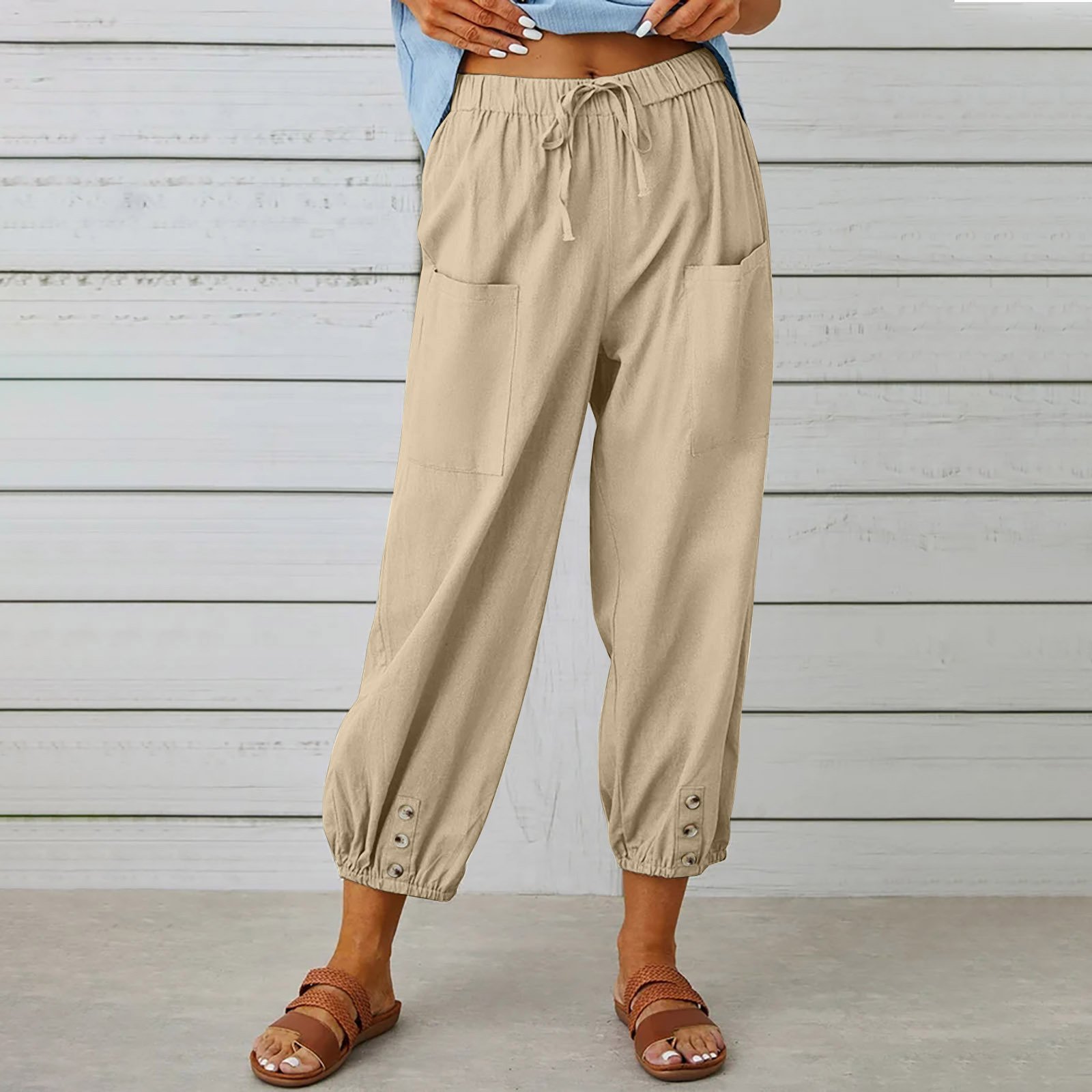 Women Plain Ankle Pants Elastic Waist Pants Casual Spring/Fall Trousers