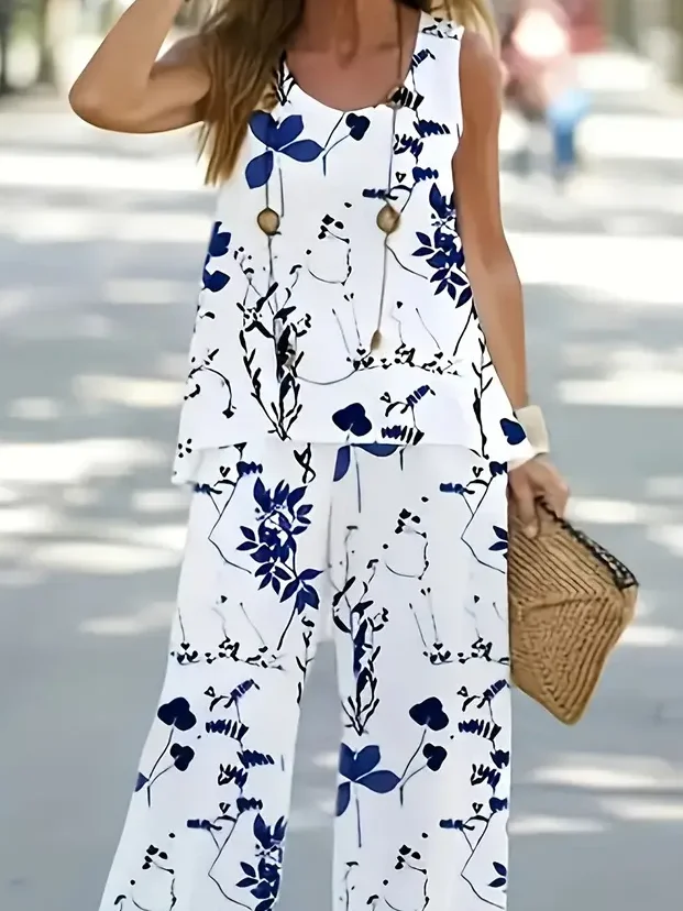 Women Floral Printing Two-Piece Set Daily Sleeveless Casual Summer Multi-Piece Set Matching Set