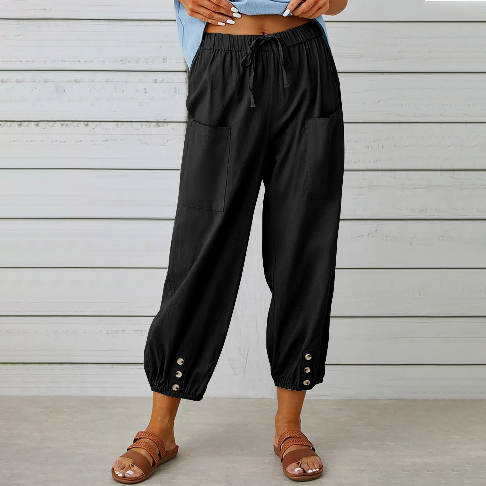 Women Plain Ankle Pants Elastic Waist Pants Casual Spring/Fall Trousers