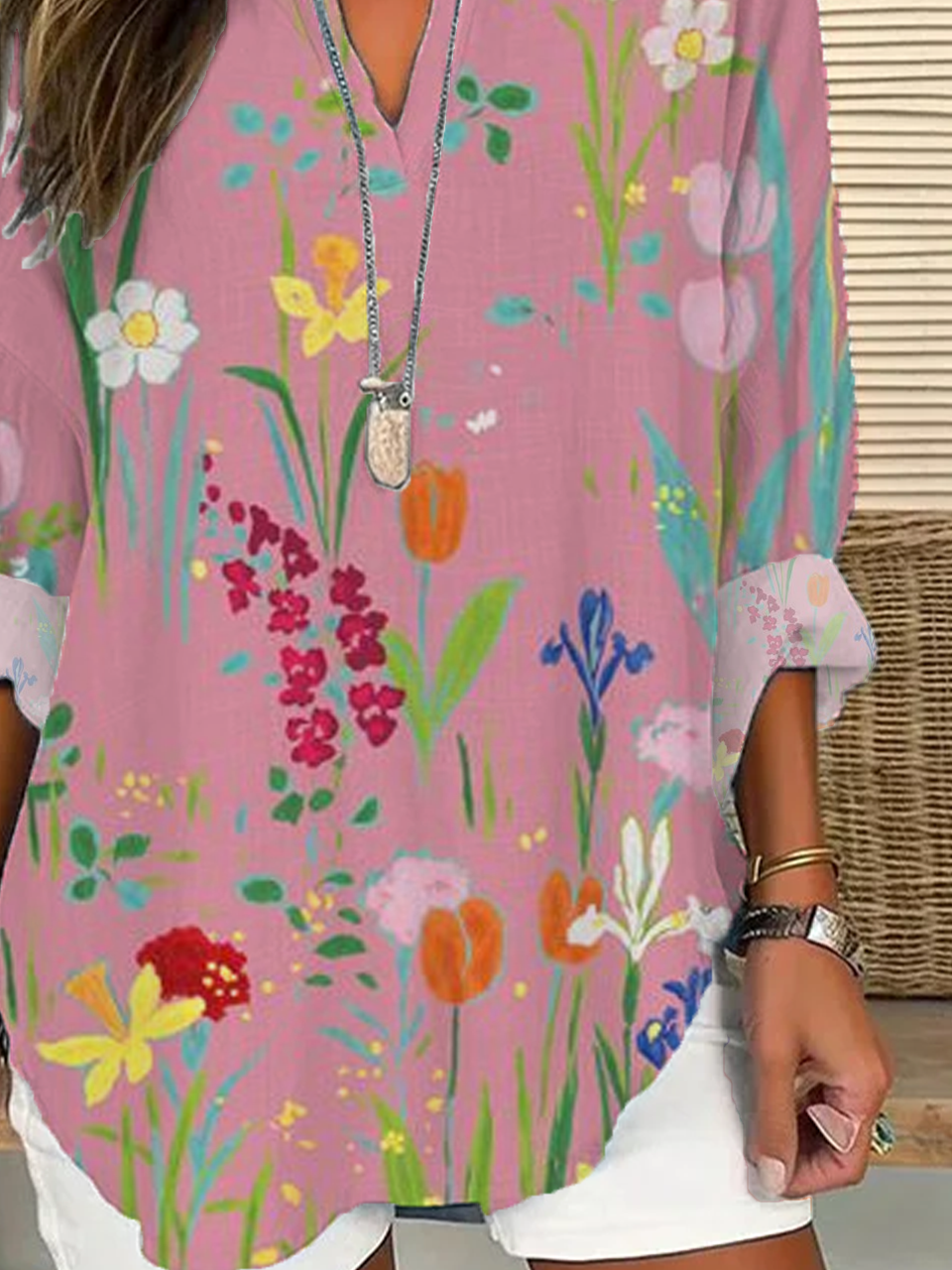 Women Floral Long Sleeve Blouse Spring/Fall Printing V Neck Daily Casual Top