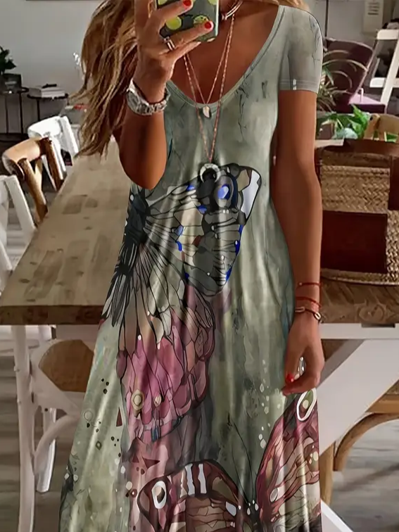 Women Butterfly Short Sleeve Summer Printing Dress V Neck Daily Casual Maxi X-Line Dress
