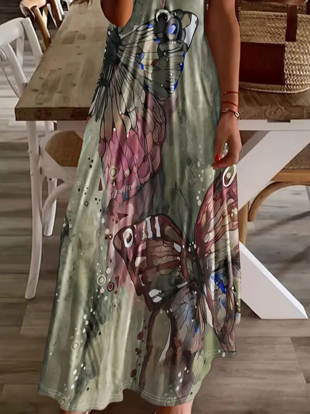 Women Butterfly Short Sleeve Summer Printing Dress V Neck Daily Casual Maxi X-Line Dress