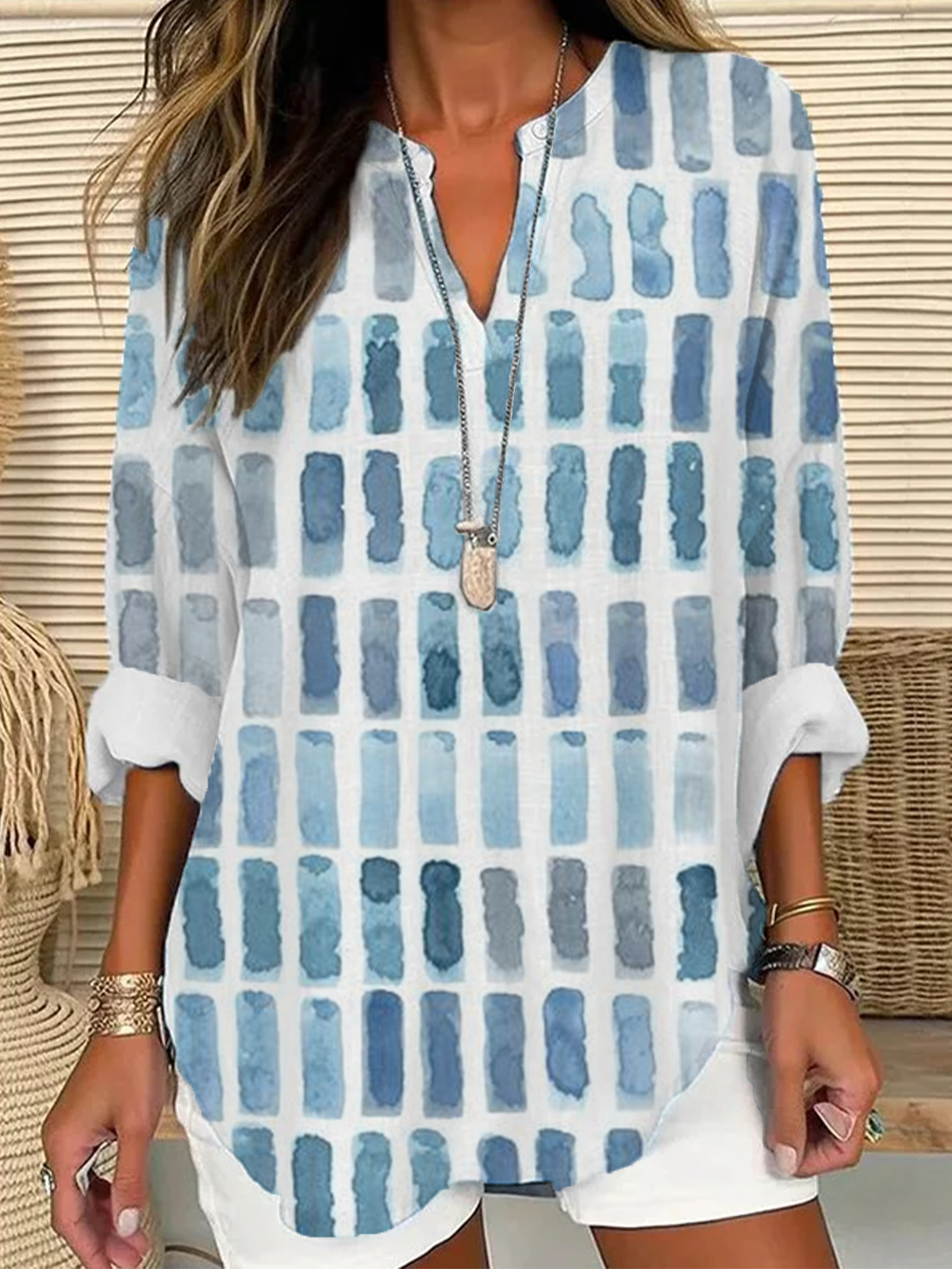 Women Geometric Long Sleeve Blouse Spring/Fall Printing V Neck Daily Casual Top