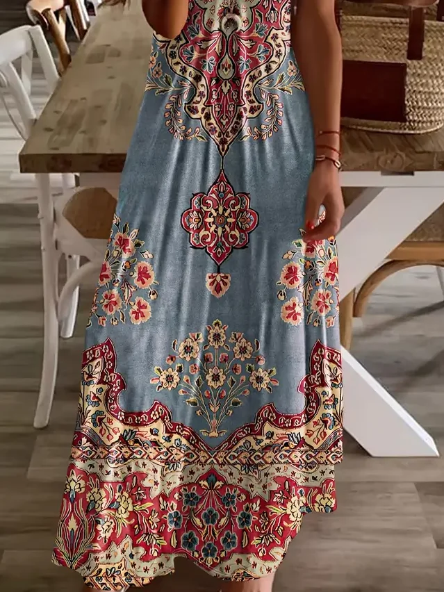 Women Floral Short Sleeve Summer Printing Dress V Neck Daily Casual Maxi X-Line Dress