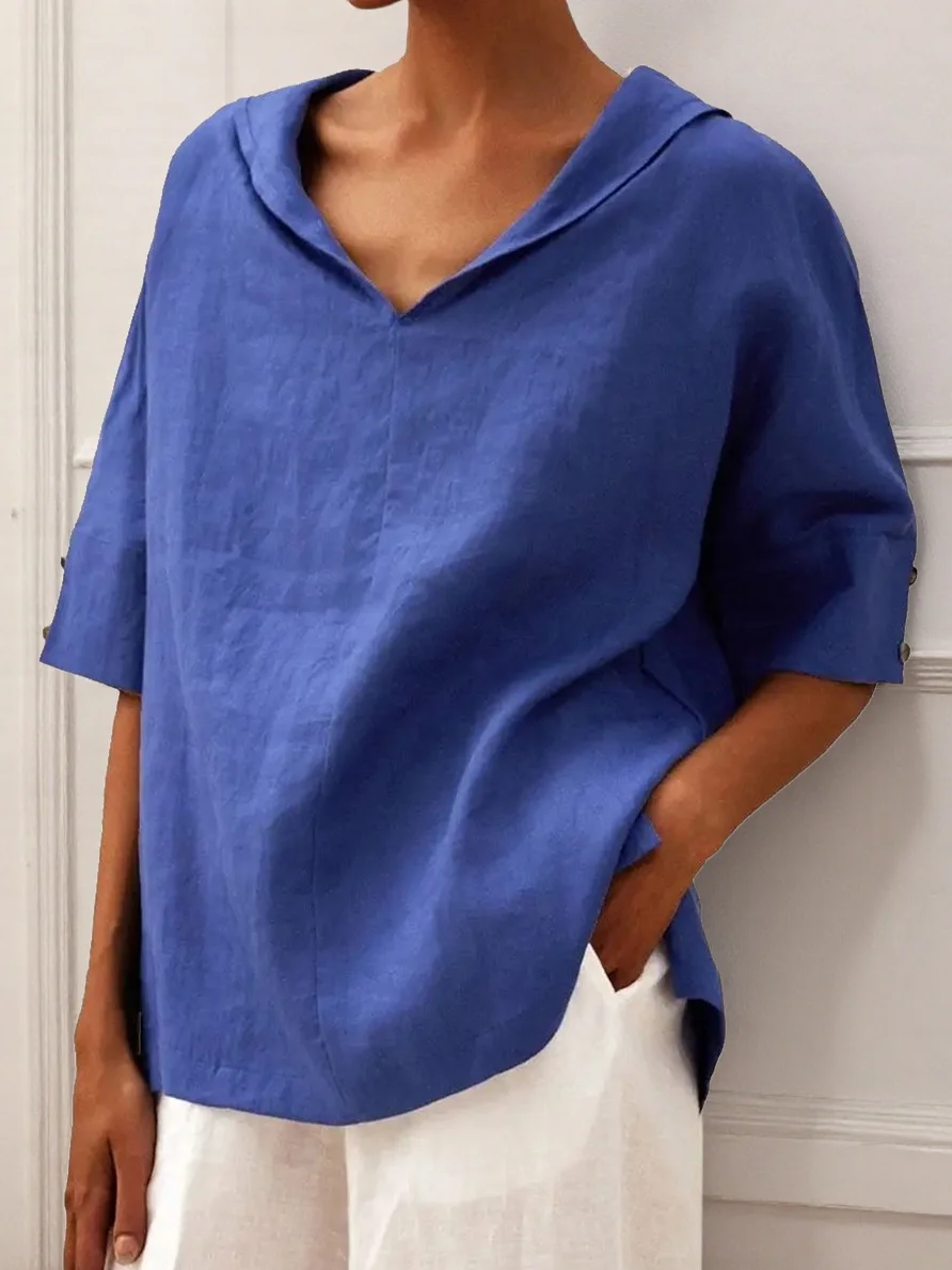 Women Plain Half Sleeve Blouse Summer V Neck Daily Casual Top