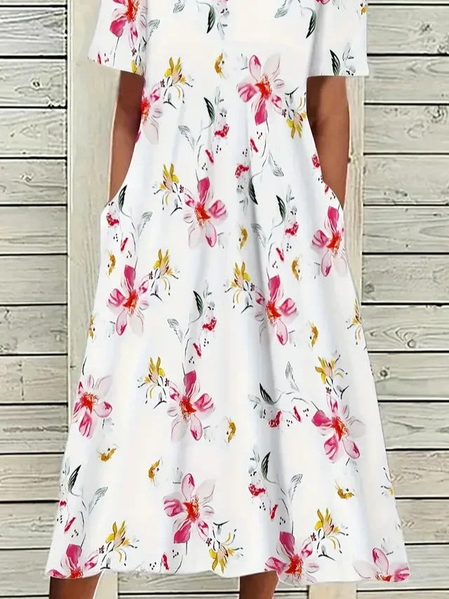 Women Floral Half Sleeve Summer Printing Dress Crew Neck Daily Casual Maxi A-Line Dress