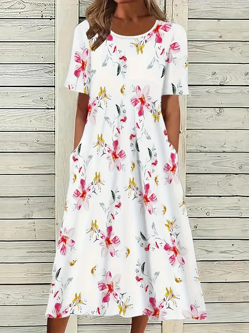 Women Floral Half Sleeve Summer Printing Dress Crew Neck Daily Casual Maxi A-Line Dress