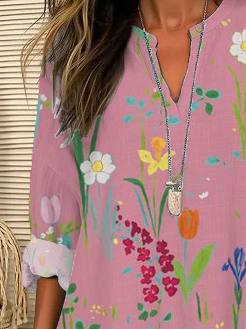 Women Floral Long Sleeve Blouse Spring/Fall Printing V Neck Daily Casual Top