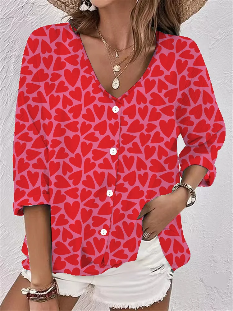 Women Floral Three Quarter Sleeve Blouse Spring/Fall Printing V Neck Daily Vintage Top
