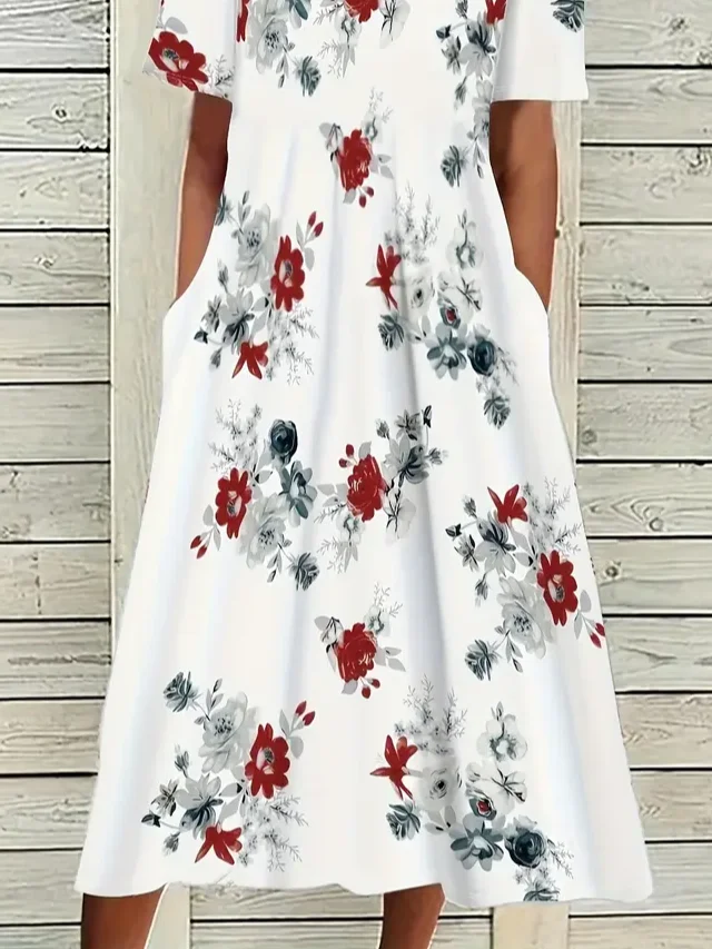 Women Floral Half Sleeve Summer Printing Dress Crew Neck Daily Casual Maxi A-Line Dress