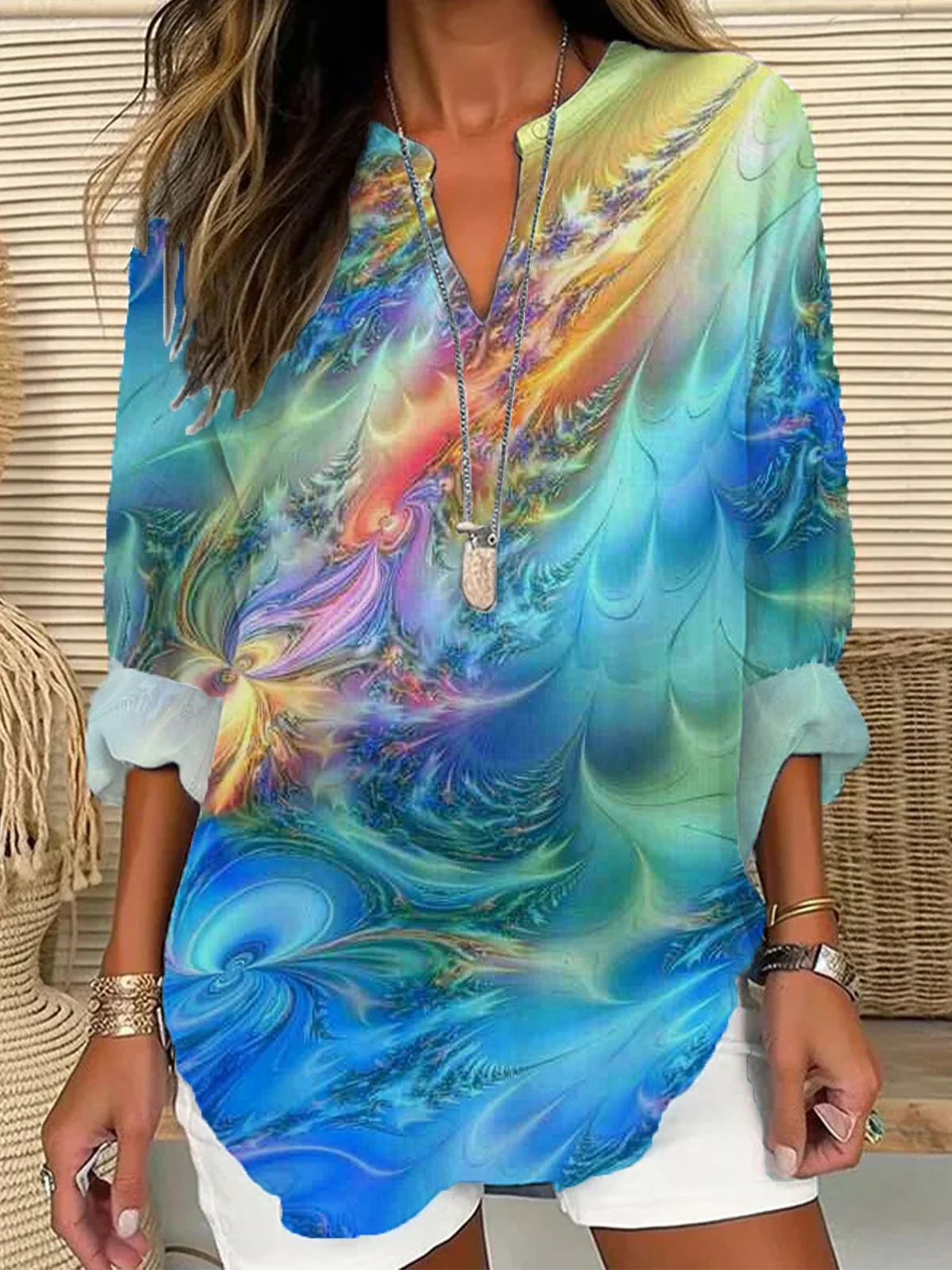 Women Abstract Long Sleeve Blouse Spring/Fall Printing V Neck Daily Casual Top