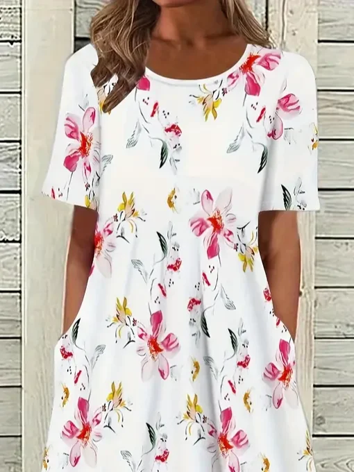 Women Floral Half Sleeve Summer Printing Dress Crew Neck Daily Casual Maxi A-Line Dress