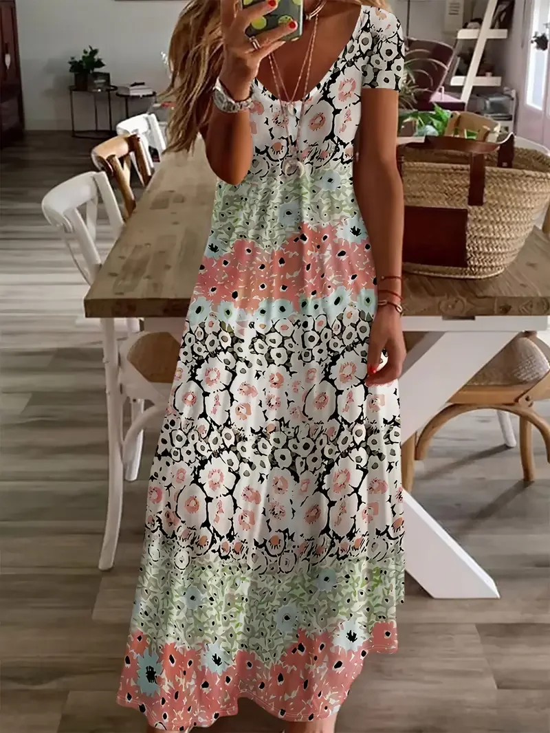 Women Floral Short Sleeve Summer Printing Dress V Neck Daily Casual Maxi X-Line Dress