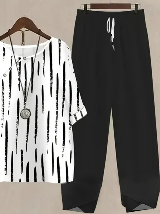 Women Striped Printing Two-Piece Set Daily Half Sleeve Casual Summer Top With Pants Matching Set