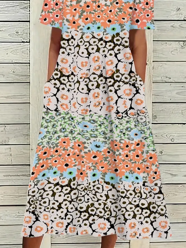 Women Floral Half Sleeve Summer Printing Dress Crew Neck Daily Casual Maxi A-Line Dress
