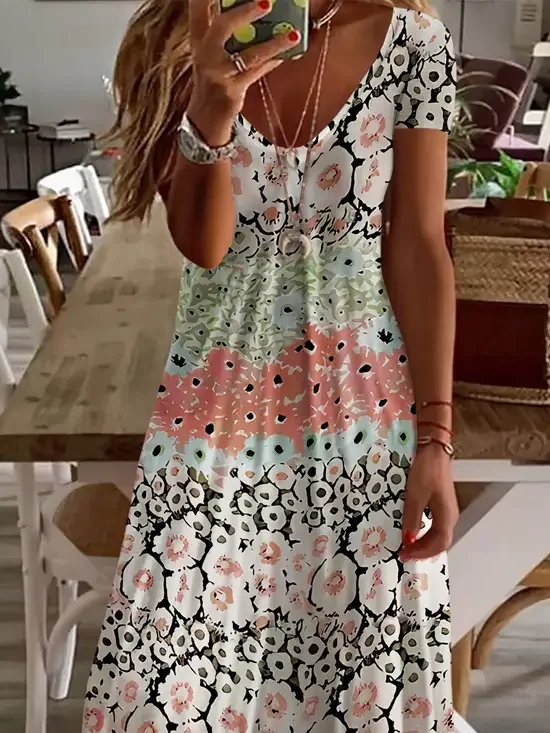 Women Floral Short Sleeve Summer Printing Dress V Neck Daily Casual Maxi X-Line Dress
