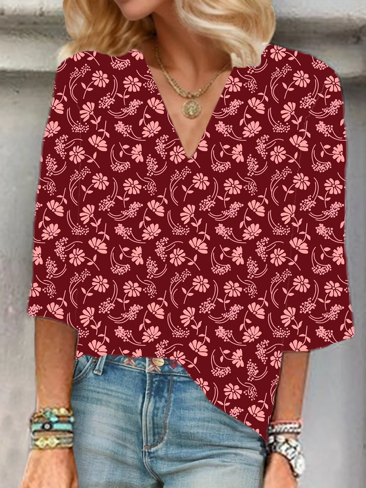 Women Floral Half Sleeve Blouse Summer V Neck Daily Casual Top