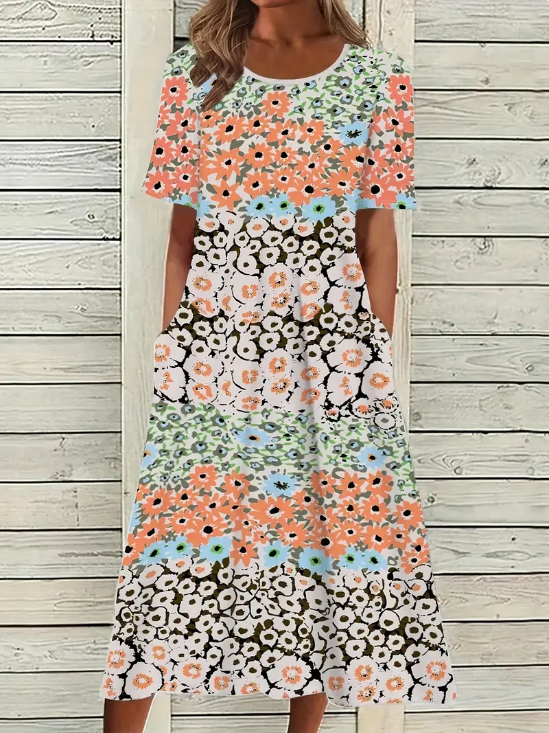 Women Floral Half Sleeve Summer Printing Dress Crew Neck Daily Casual Maxi A-Line Dress