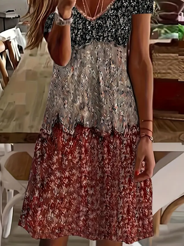 Women Floral Short Sleeve Summer Printing Dress V Neck Daily Casual Midi Fit & Flare Dress A-Line Dress