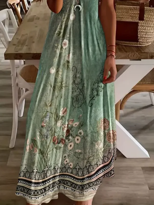 Women Floral Short Sleeve Summer Printing Dress V Neck Daily Casual Maxi X-Line Dress