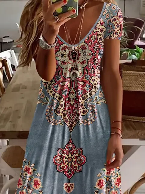 Women Floral Short Sleeve Summer Printing Dress V Neck Daily Casual Maxi X-Line Dress