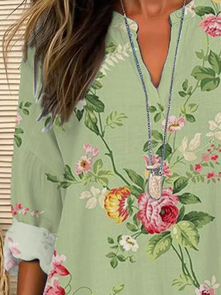Women Floral Long Sleeve Blouse Spring/Fall Printing V Neck Daily Casual Top