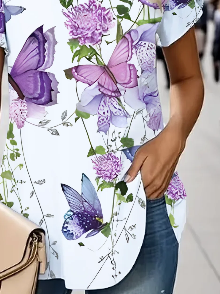 Women Floral Short Sleeve Tee T-shirt V Neck Printing Casual Summer Graphic Tee Top