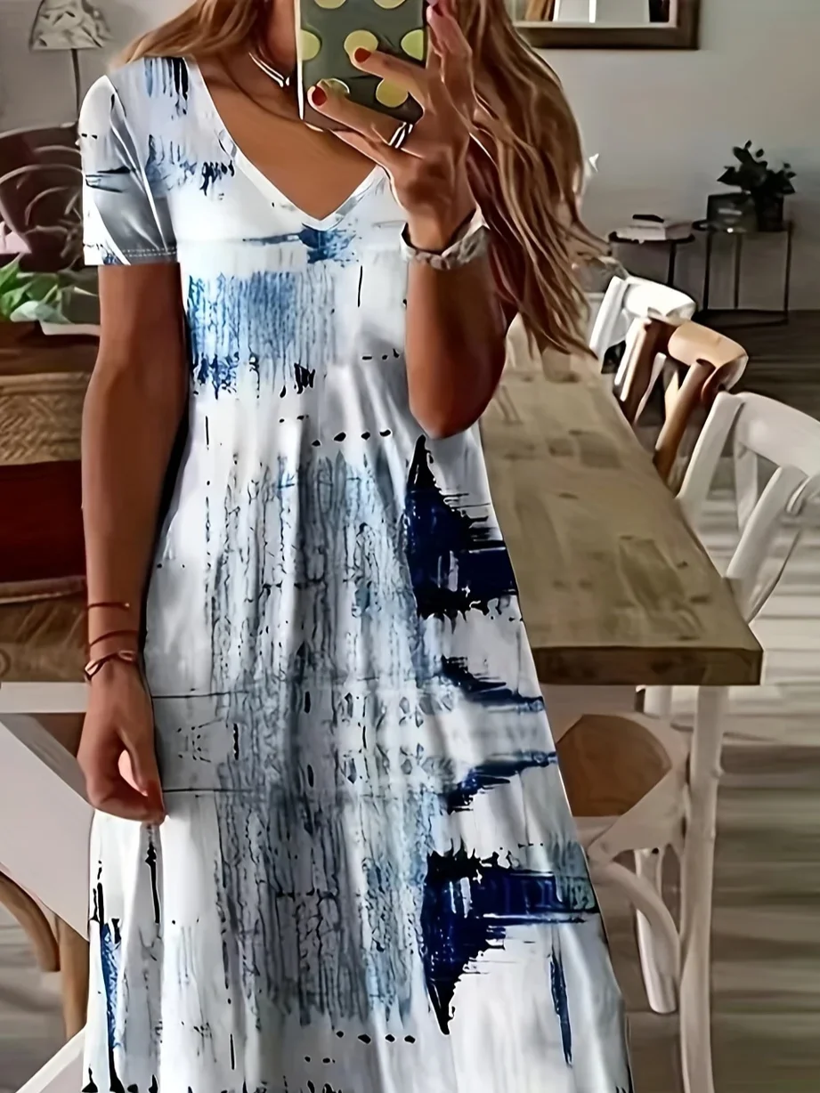 Women Abstract Short Sleeve Summer Printing Dress V Neck Daily Casual Maxi X-Line Dress