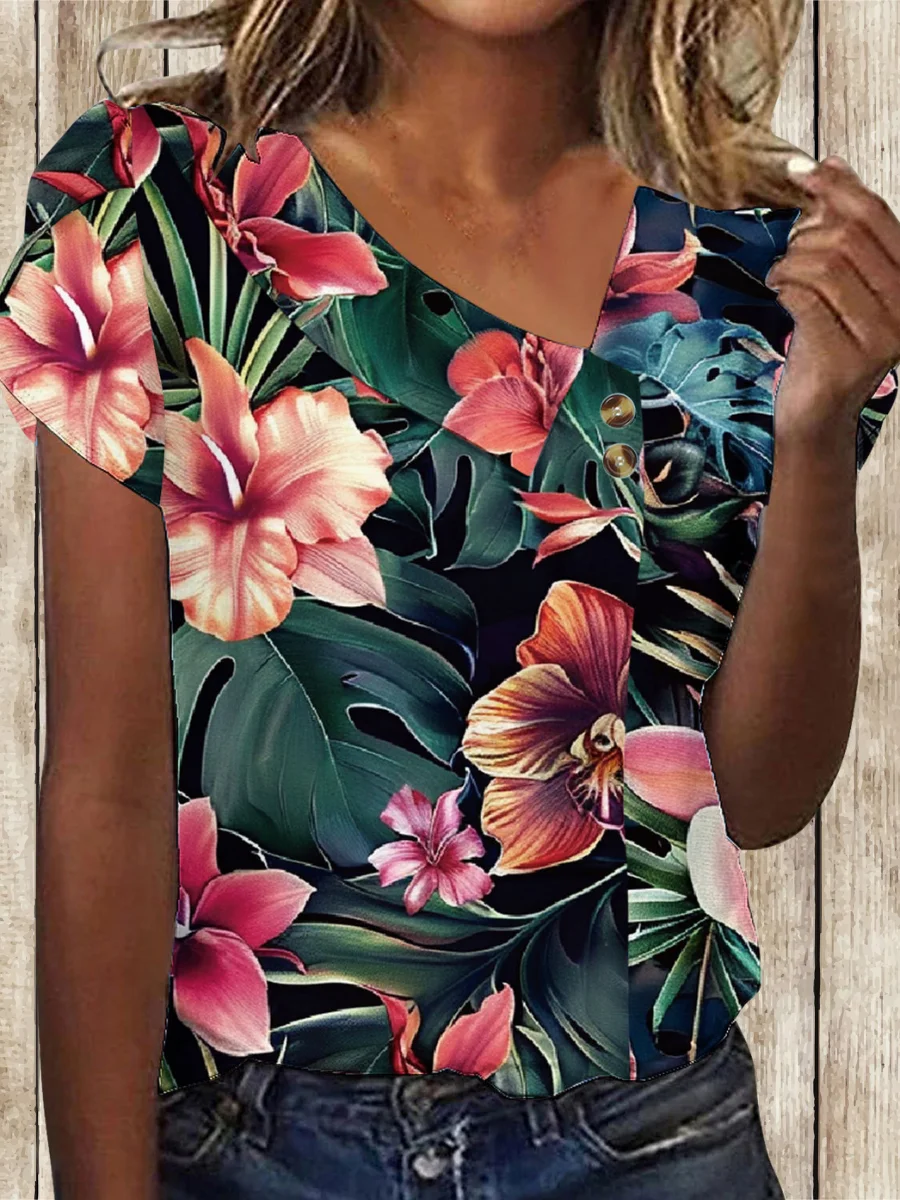 Women Geometric Short Sleeve Tee T-shirt Asymmetrical Buckle Vintage Summer Top