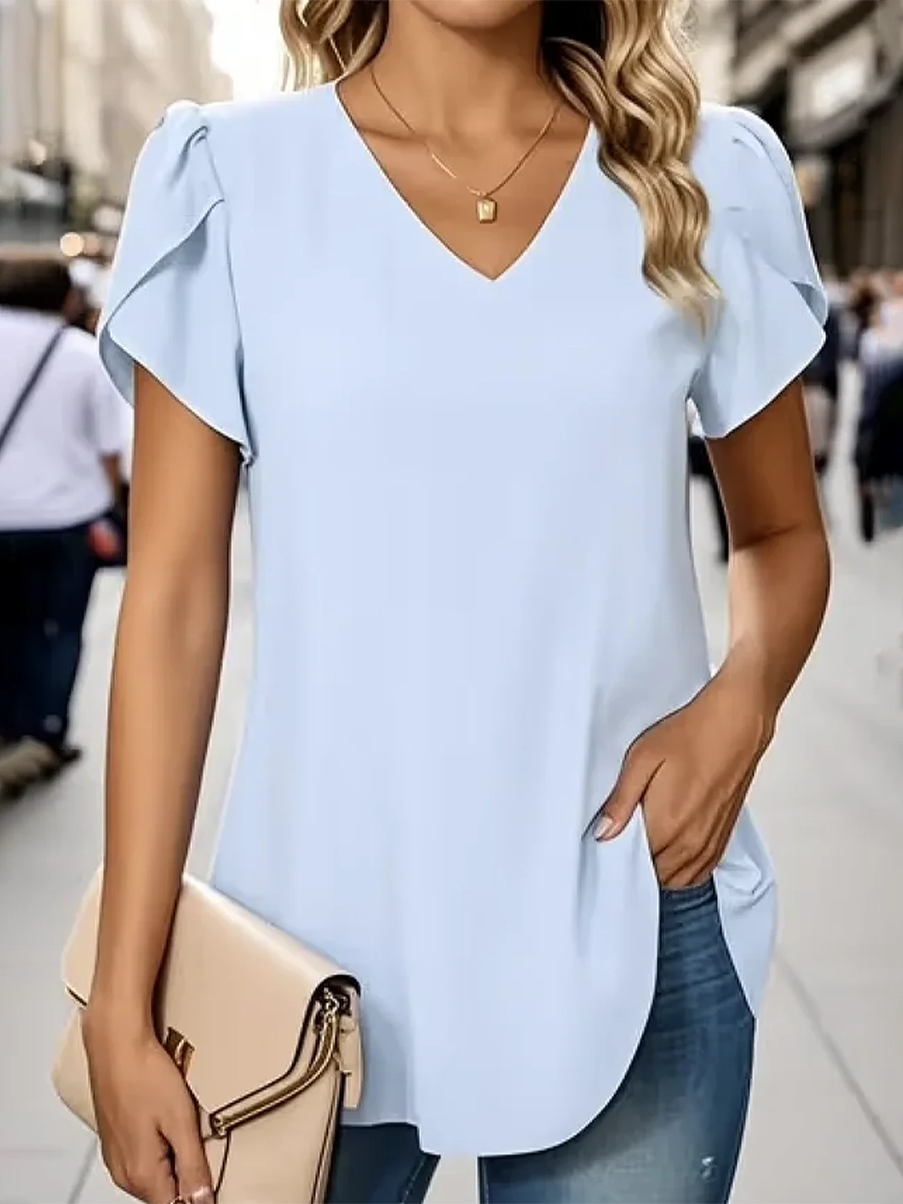 Women Plain Short Sleeve Tee T-shirt V Neck Casual Summer Top