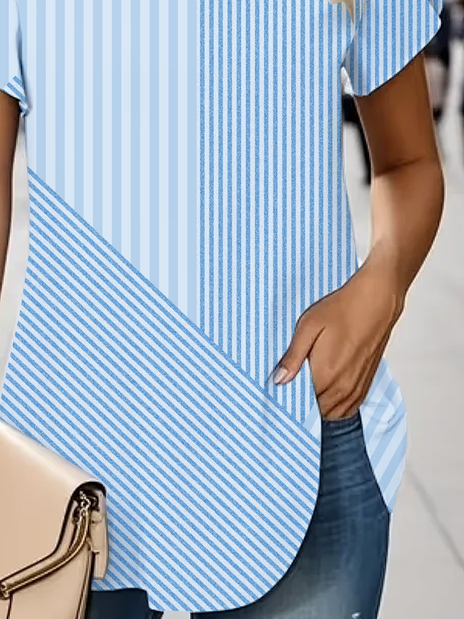Women Striped Short Sleeve Tee T-shirt V Neck Printing Casual Summer Graphic Tee Top