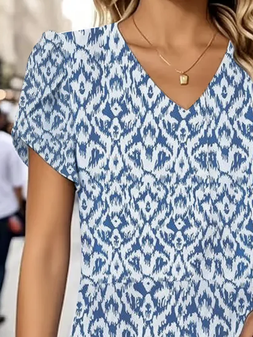 Women Geometric Short Sleeve Tee T-shirt V Neck Printing Casual Summer Graphic Tee Top