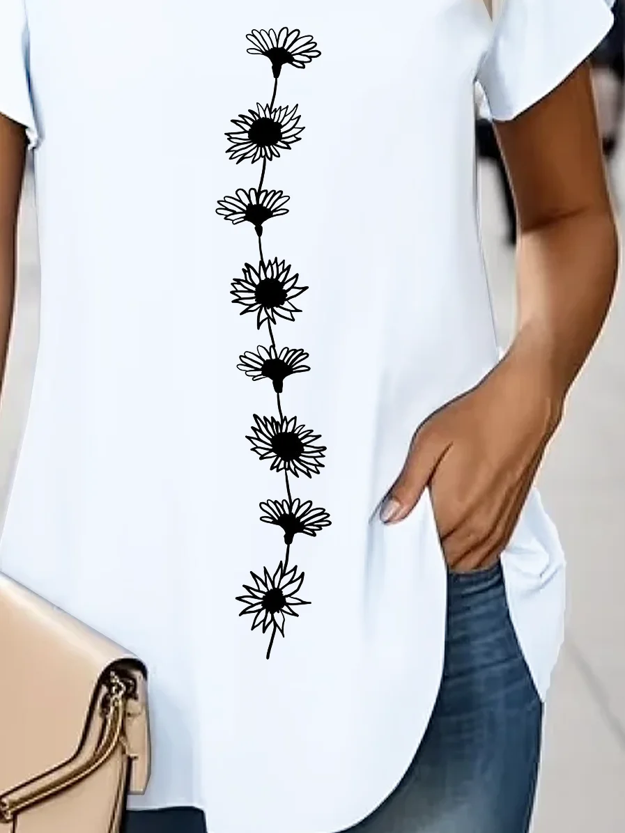 Women Floral Short Sleeve Tee T-shirt V Neck Printing Casual Summer Graphic Tee Top