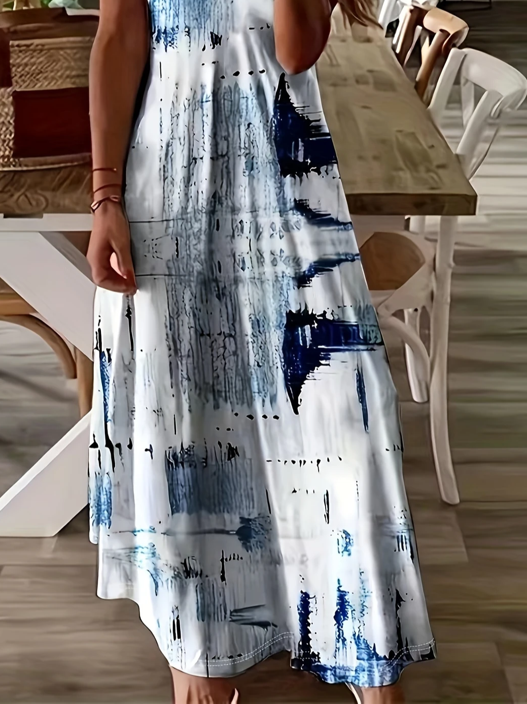 Women Abstract Short Sleeve Summer Printing Dress V Neck Daily Casual Maxi X-Line Dress