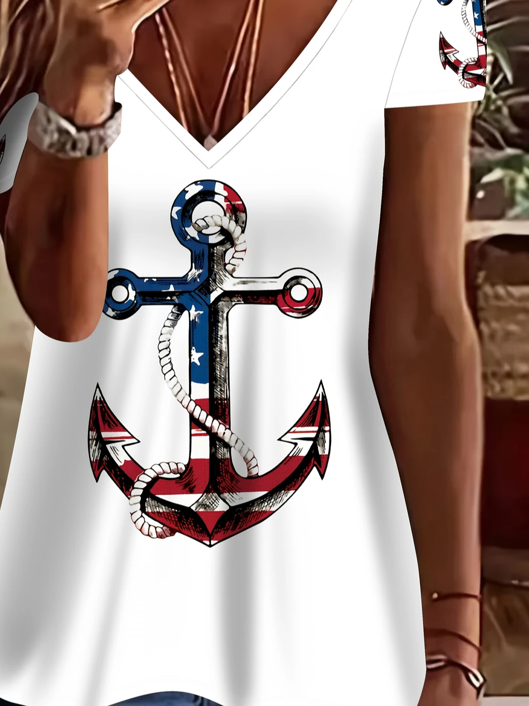 Women Anchor Short Sleeve Tee T-shirt V Neck Printing Casual Summer Graphic Tee Top