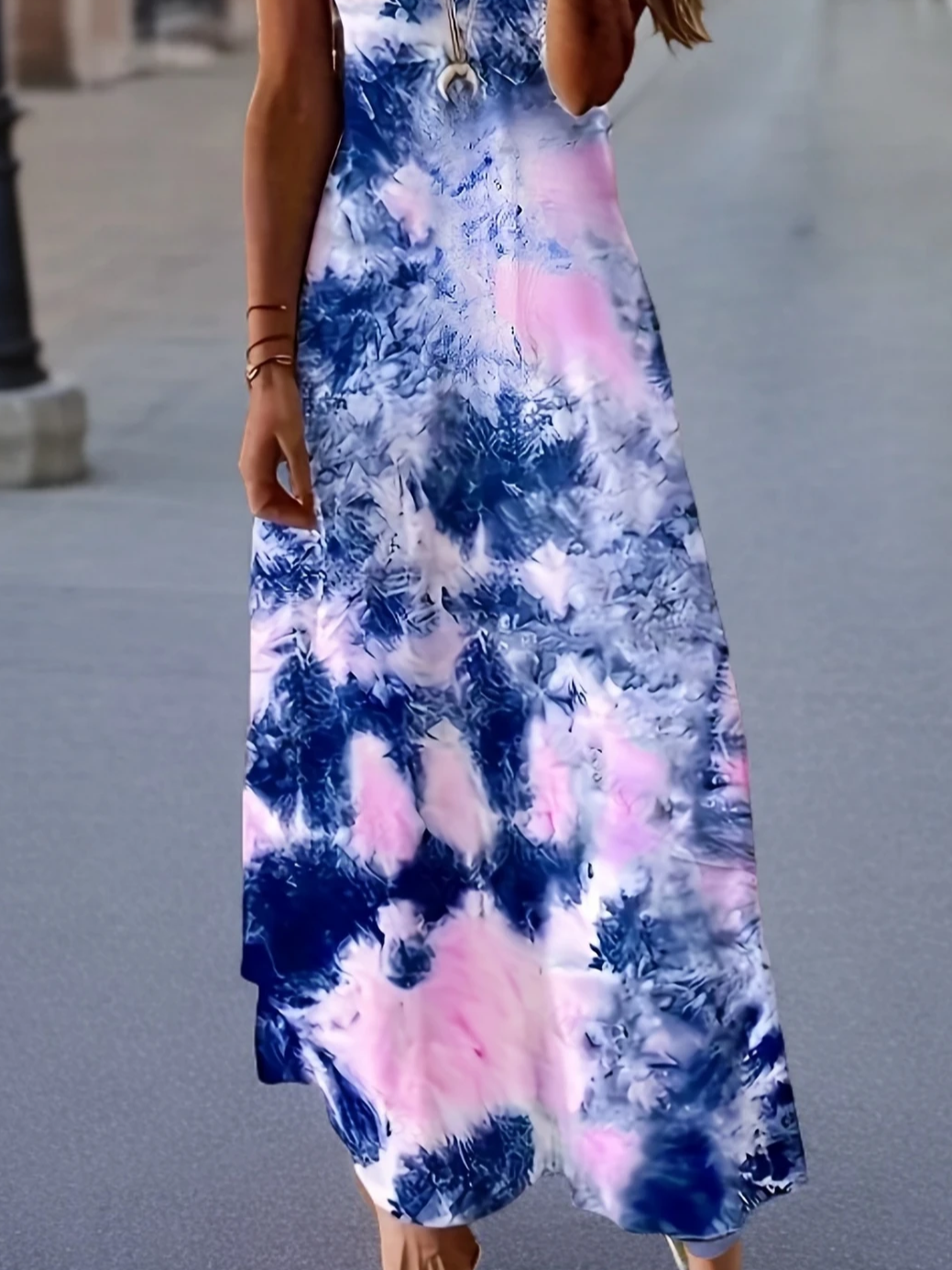Women Abstract Sleeveless Summer Printing Dress V Neck Daily Casual Maxi Slip Dress X-Line Dress