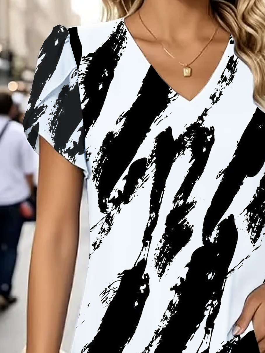 Women Abstract Short Sleeve Tee T-shirt V Neck Printing Casual Summer Graphic Tee Top