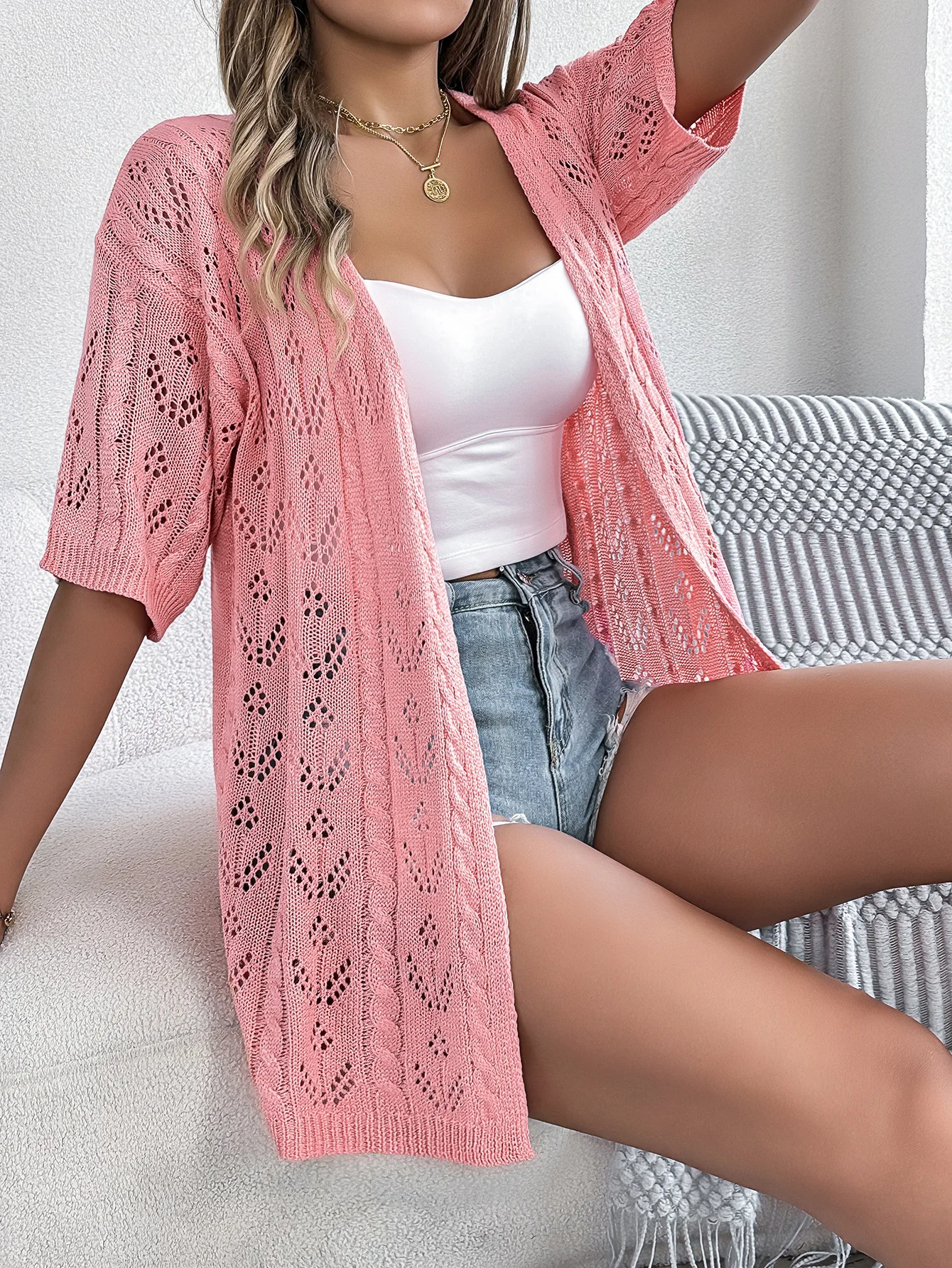 Women Lace Summer Cover-up Vintage Hollow Out Lightweight Cardigan
