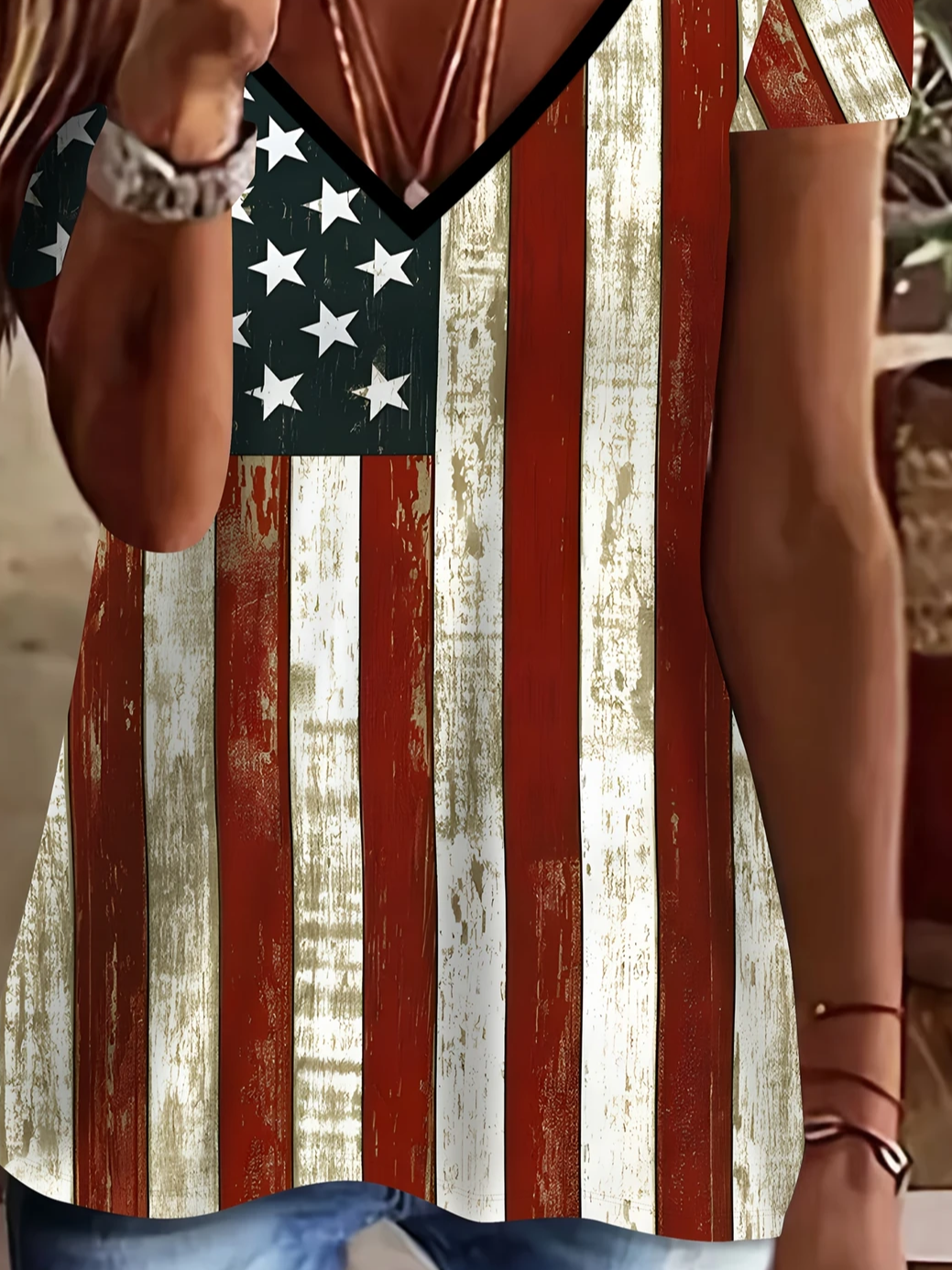 Women Independence Day (Flag) Short Sleeve Tee T-shirt V Neck Printing Casual Summer Graphic Tee Top