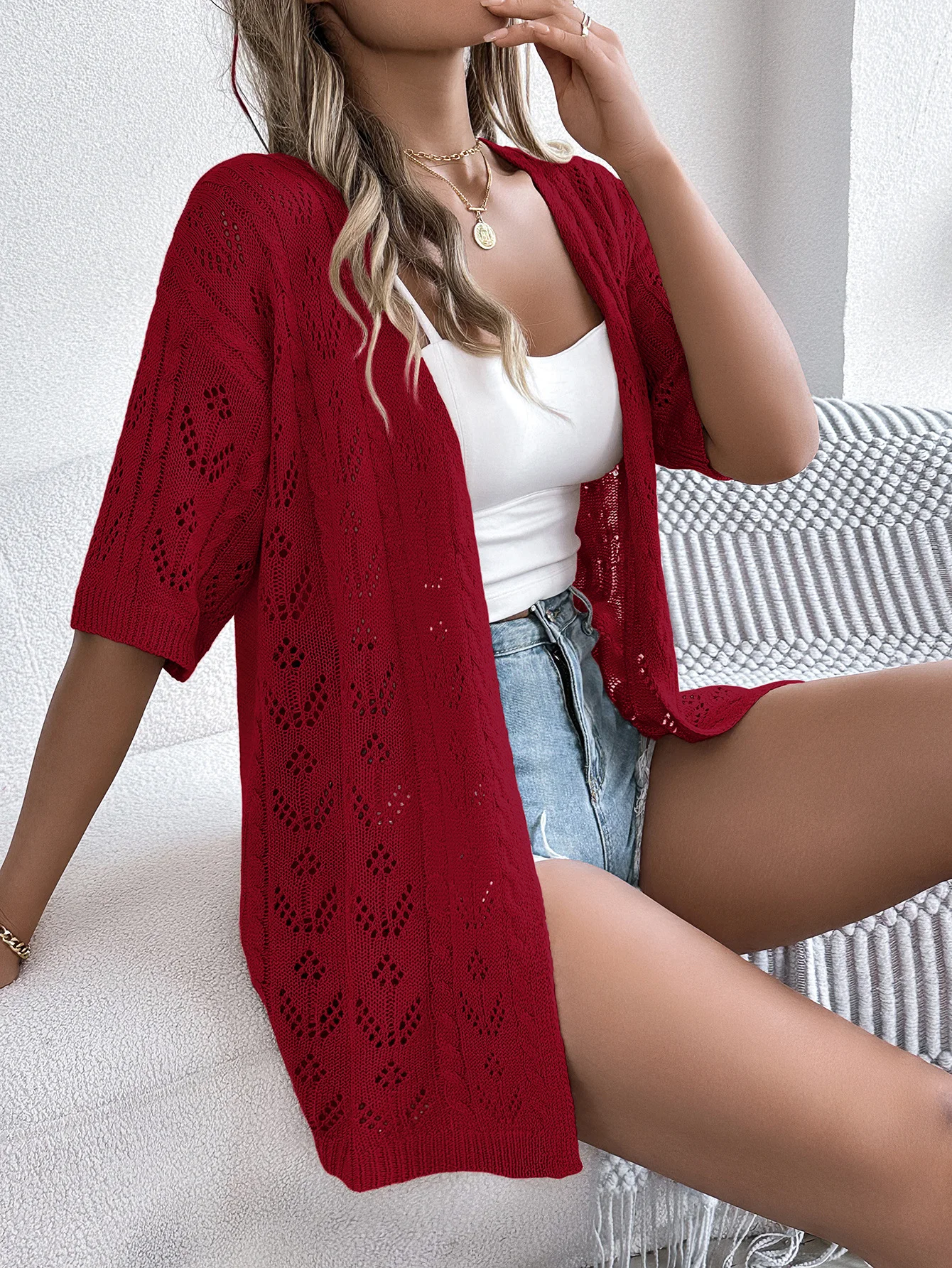 Women Lace Summer Cover-up Vintage Hollow Out Lightweight Cardigan