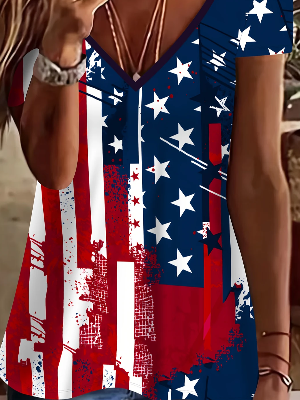 Women Independence Day (Flag) Short Sleeve Tee T-shirt V Neck Printing Casual Summer Graphic Tee Top