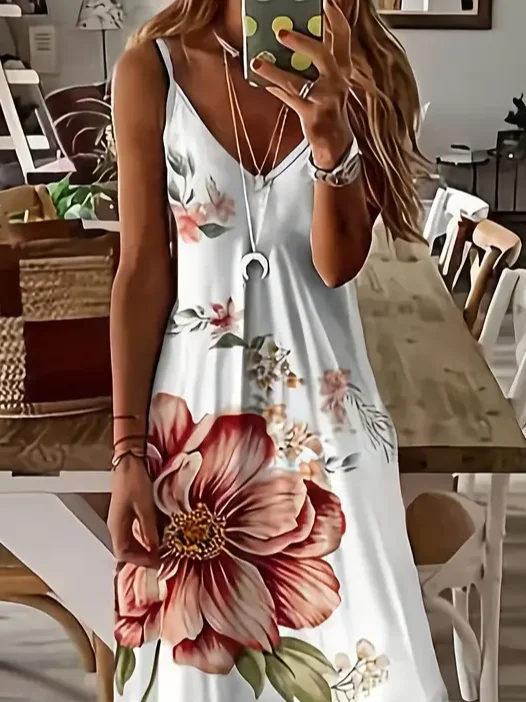 Women Floral Sleeveless Summer Printing Dress V Neck Daily Casual Maxi Slip Dress X-Line Dress