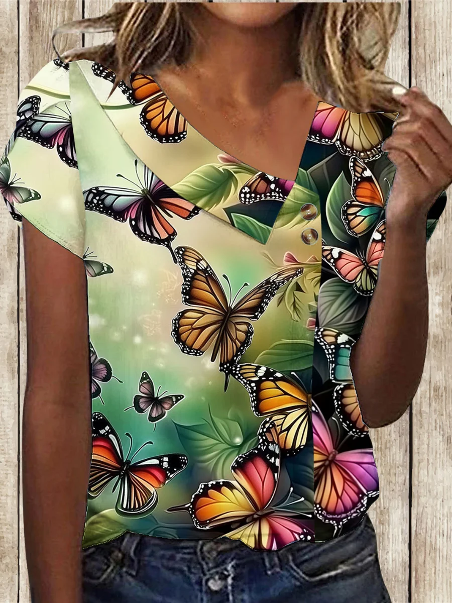 Women Geometric Short Sleeve Tee T-shirt Asymmetrical Buckle Vintage Summer Top