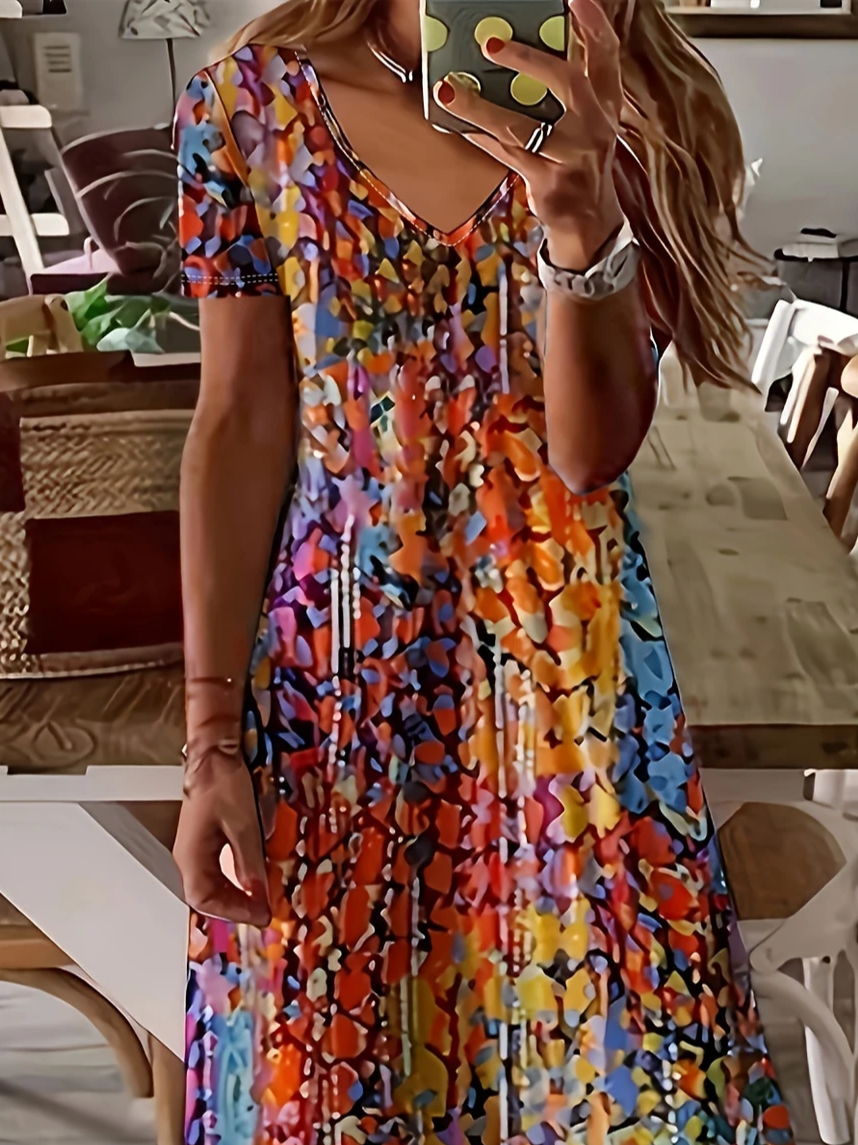 Women Abstract Short Sleeve Summer Printing Dress V Neck Daily Casual Maxi X-Line Dress