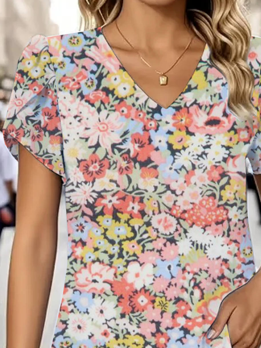 Women Floral Short Sleeve Tee T-shirt V Neck Printing Casual Summer Graphic Tee Top