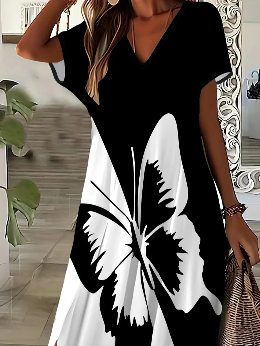 Women Butterfly Short Sleeve Summer Printing Dress V Neck Daily Casual Maxi X-Line Dress
