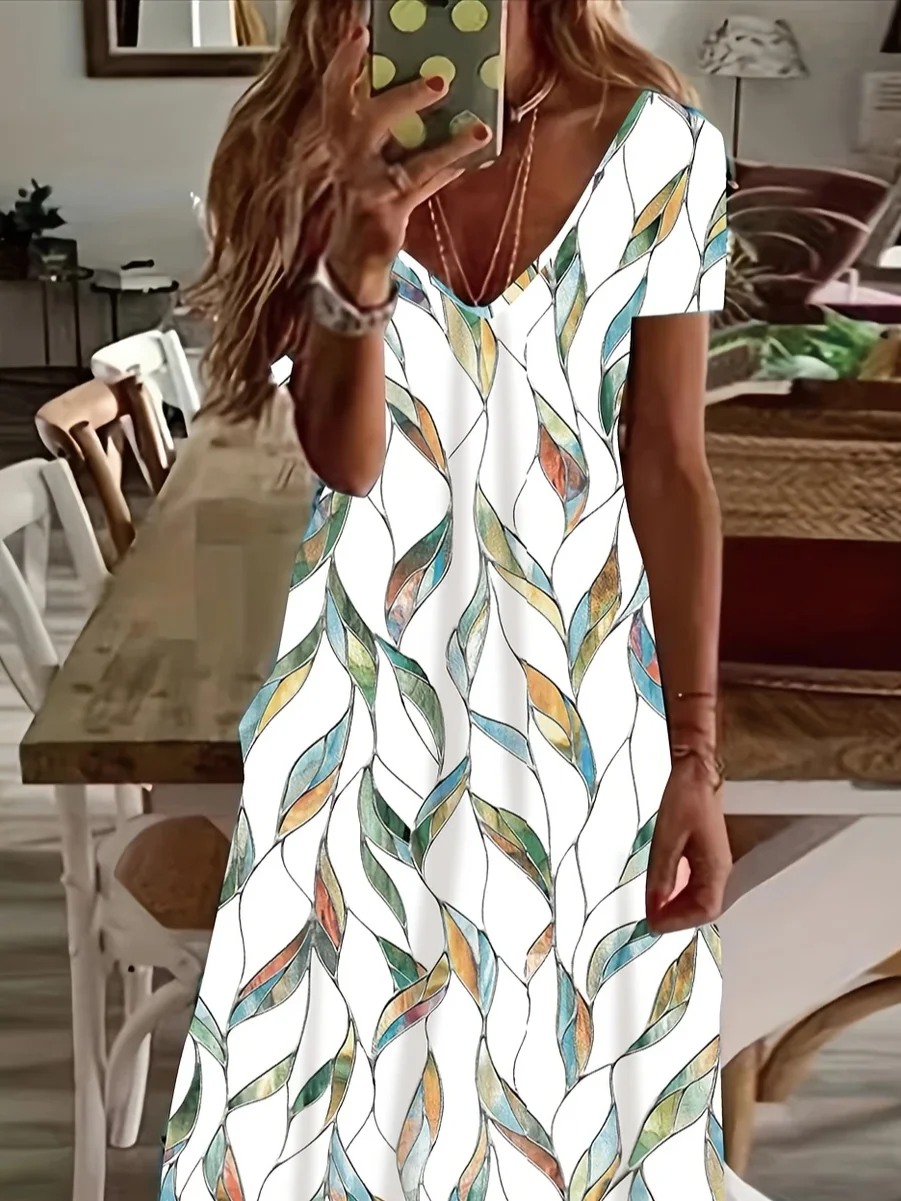 Women Floral Short Sleeve Summer Printing Dress V Neck Daily Casual Maxi X-Line Dress