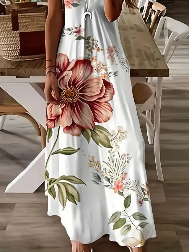 Women Floral Sleeveless Summer Printing Dress V Neck Daily Casual Maxi Slip Dress X-Line Dress