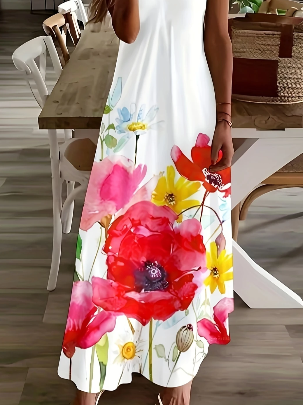 Women Floral Sleeveless Summer Printing Dress V Neck Daily Casual Maxi Slip Dress X-Line Dress
