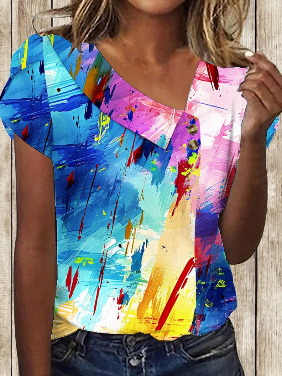 Women Geometric Short Sleeve Tee T-shirt Asymmetrical Buckle Vintage Summer Top